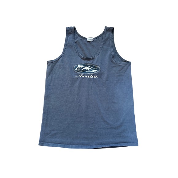 Yacht Club Tops - Yacht Club Tank Top Women Blue Aruba Dolphin‎ Embroidered Souvenir SIZE Medium